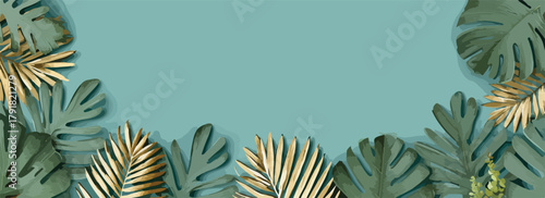 열대 잎사귀와 금색 식물이 푸른색 배경에 어우러져 자연의 아름다움을 표현하는 벡터 아트