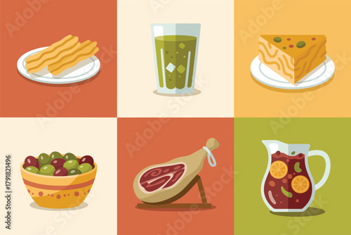 Flat color icons for tapas, illustrating fries, ham, cheese, representing traditional cuisine and local food,