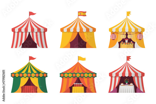 Flat vector icons for fair, featuring striped tents, flags, sign, representing entertainment, event, and circus show,