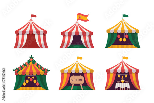Detailed flat vector icons for fair, showing striped tents, flags, sign, representing entertainment, event, and circus show,