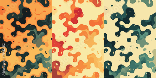 세 가지 색상의 추상적인 유기적 패턴, 부드러운 곡선과 불규칙한 모양이 특징인 현대적인 디자인