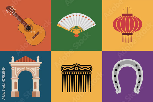 Detailed flat vector icons for music, showing guitar, fan, lantern, representing traditional culture and festive dance,