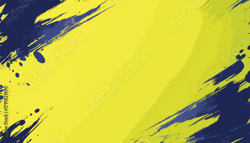 역동적인 추상적 배경, 노란색과 남색의 붓 터치와 물감 얼룩이 특징인 디자인 요소
