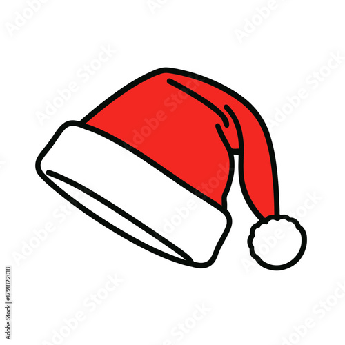 A vector illustration of a classic red Santa Claus hat with a white brim and pom-pom.