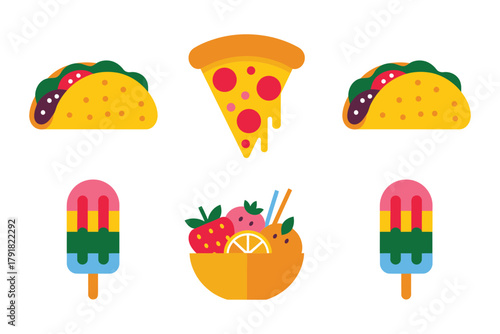 Detailed flat vector icons for outdoor meal, showing taco, pizza, popsicle, representing summer travel and picnic food,
