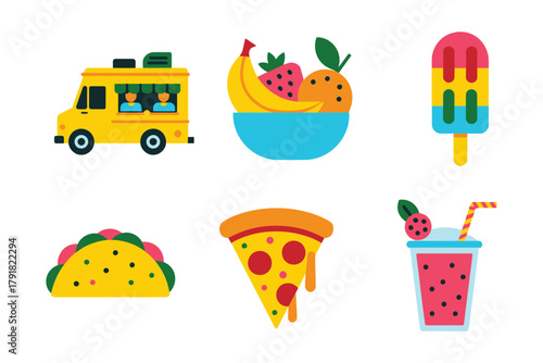 Flat vector icons for picnic, featuring ice cream, taco, pizza, representing summer travel and outdoor meal,