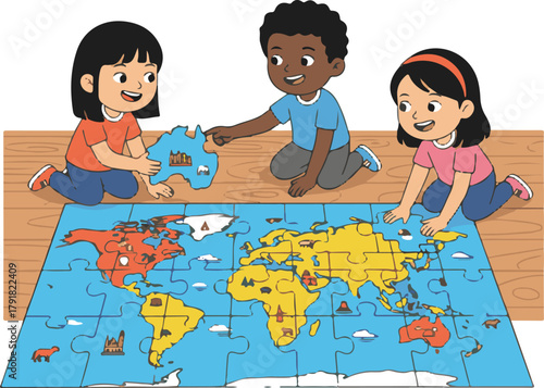 children putting together a map puzzle