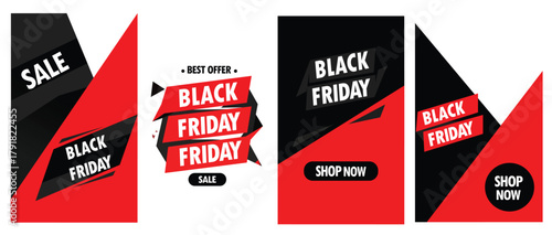 Dynamic black friday sale banners featuring bold red and black geometric designs announcing discounts and shopping opportunities