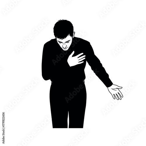 Man holding chest in pain with outstretched hand.