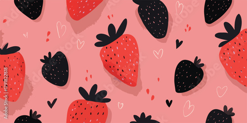 사랑스러운 딸기 패턴의 핑크색 배경, 발렌타인 데이 테마