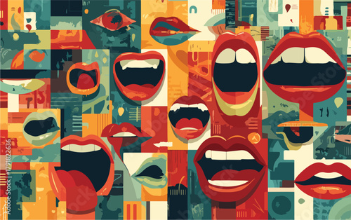 다양한 입 모양과 표정이 콜라주되어 표현된 역동적인 추상 예술 작품
