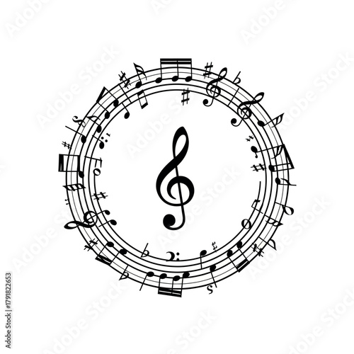 Musical notes and treble clef in a circular arrangement.