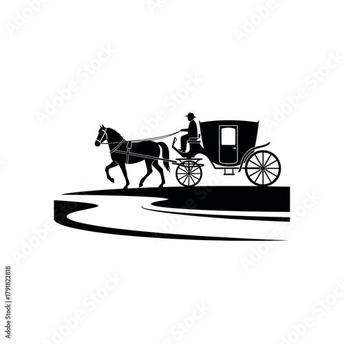 Silhouette of a horsedrawn carriage with a driver.