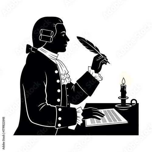 Silhouette of a man in historical attire writing with a quill pen by candlelight.