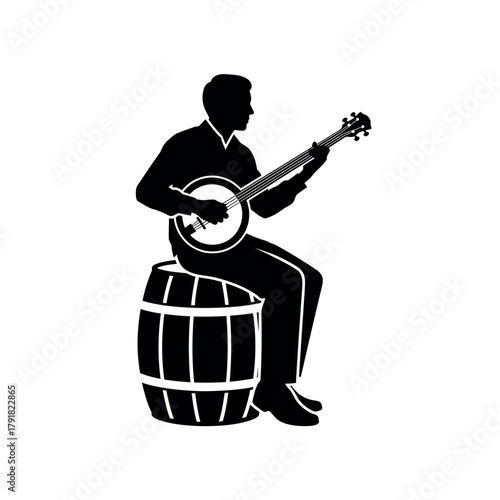 Silhouette of a man playing banjo while sitting on a barrel black and white illustration.
