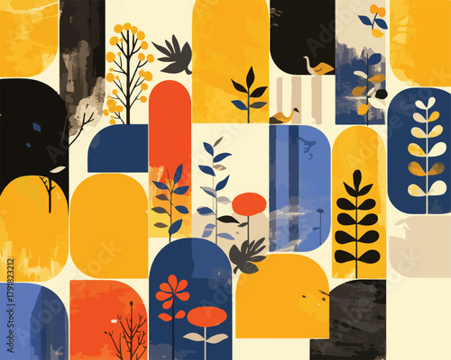 다채로운 기하학적 패턴 속 추상적인 식물과 자연의 조화로운 디자인