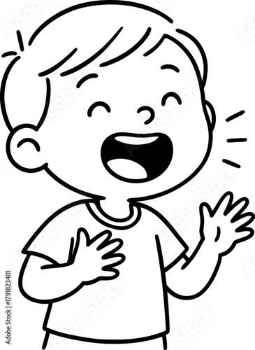 Joyful cartoon boy laughing heartily with eyes closed and open mouth