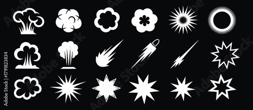 Comic Energy Explosion Vector Set – Cartoon Blast Effects, Fireballs, Impact Flashes, Smoke Bursts, Manga Puff Explosions, and Dynamic Game Animation Silhouettes