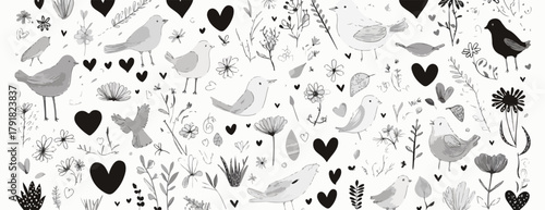 귀여운 새와 하트, 꽃이 어우러진 흑백 벡터 일러스트 패턴