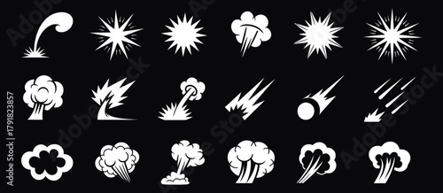 Comic Energy Explosion Vector Set – Cartoon Blast Effects, Fireballs, Impact Flashes, Smoke Bursts, Manga Puff Explosions, and Dynamic Game Animation Silhouettes