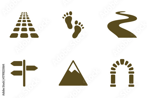 Detailed flat vector icons for quest, showing signs, arch, mountain, representing life path and travel destination,