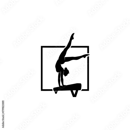 Focused Gymnast Performing Handstand on Balance Beam Silhouette Action Illustration