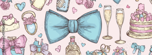 파스텔톤의 선물 상자, 리본, 케이크, 샴페인잔, 하트 패턴 일러스트