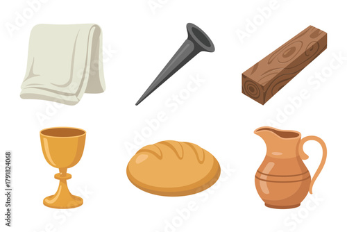 Detailed flat vector icons for faith, showing bread, chalice, cross, representing church, prayer, and religious ceremony,
