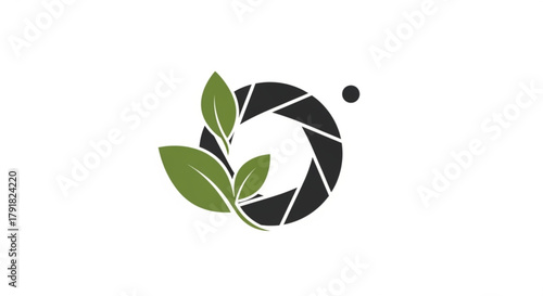 A captivating logo design featuring a camera lens intertwined with lush green leaves, , symbolizing nature photography