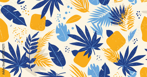 열대 식물과 추상적인 형태가 조화롭게 어우러진 다채로운 패턴 디자인