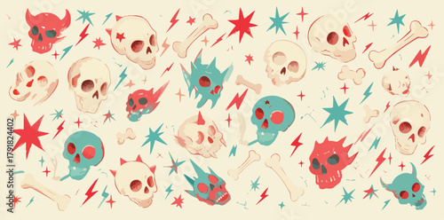다양한 해골과 뼈다귀들이 번개 모양과 함께 독특한 패턴을 이루는 귀여운 일러스트