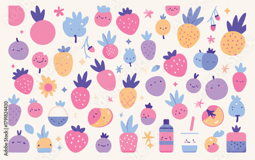 귀엽고 다채로운 과일과 음료 일러스트 모음, 배경에 흩뿌려진 사랑스러운 디자인