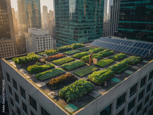 Rooftop garden with diverse crops, workers, solar panels, city skyline