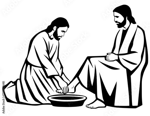 Black line art depicting Maundy Thursday: Jesus Christ performing the Mandatum (washing the feet of a seated disciple, like Peter) with a basin.