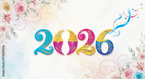 Elegant 2026 typography design with delicate floral decoration for calendar or banner.
