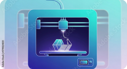 A 3d printer creating a geometric shape with blue and purple gradients, showcasing modern technology and innovation