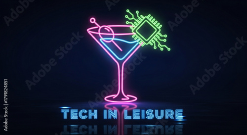 Neon sign featuring a cocktail glass and a computer chip, representing the intersection of technology and leisure activities
