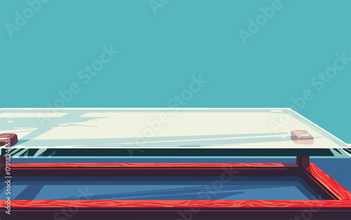 맑고 푸른 하늘 아래 놓인 하얀 스크린 인쇄 프레임이 예술적인 감성을 자극합니다.