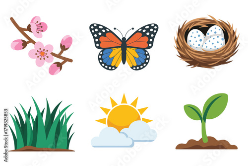 Flat vector icons for season, featuring butterfly, flowers, nest, representing growth, nature, and new life,