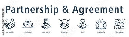 Partnership & Agreement web banner icon vector illustration concept with icon of partnership, negotiation, agreement, handshake, trust, leadership, and collaboration.