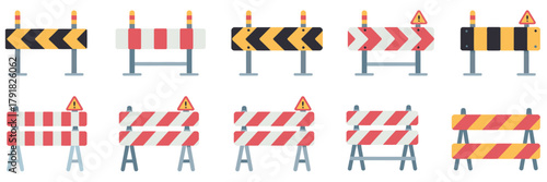Construction and Road Barrier Vector Collection – Flat Design Street Fences, Road Repair Barricades, Under Construction Fence Sets, and Safety Block Elements for Infrastructure Illustrations