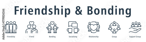 Friendship & Bonding web banner icon vector illustration concept with icon of friendship, friend, bonding, socializing, relationship, group, and support group.