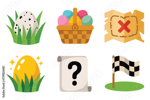 Flat vector icons for games, featuring basket, clue, egg, representing easter egg hunt and spring celebration,