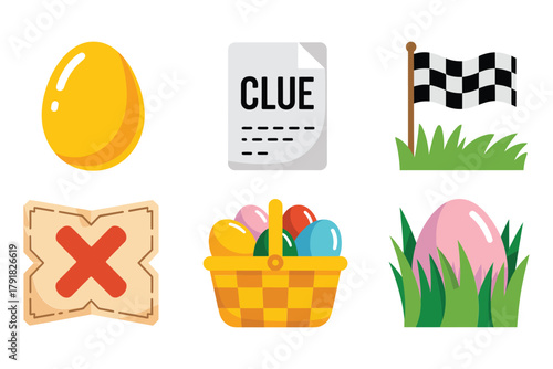 Flat color icons for games, illustrating clue, map, egg, representing easter egg hunt and spring celebration,