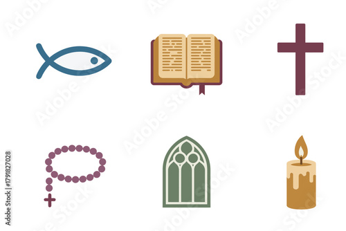 Detailed flat vector icons for church, showing cross, bible, candle, representing faith, prayer, and religious ceremony,