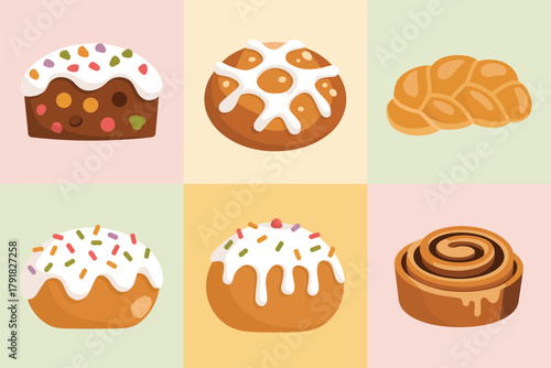 Flat color icons for bakery, illustrating cinnamon roll, muffins, braided loaf, representing holiday treats and sweets,
