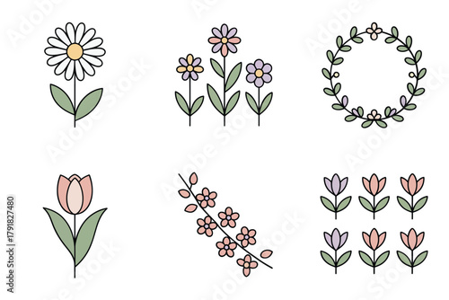 Detailed flat vector icons for garden, showing tulip, daisy, wreath, representing spring season and botanical elements,