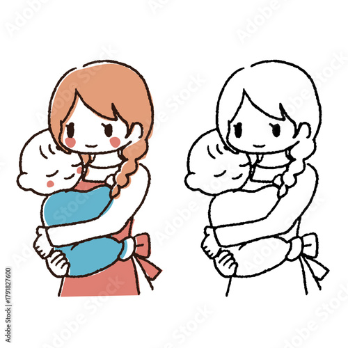 手描きの赤ちゃん抱っこのお母さん