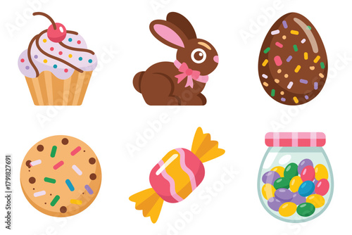 Detailed flat vector icons for spring, showing cupcake, bunny, eggs, representing easter sweets and holiday treats,