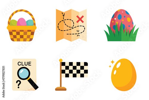 Flat vector icons for games, featuring basket, map, clue, representing easter egg hunt and spring celebration,